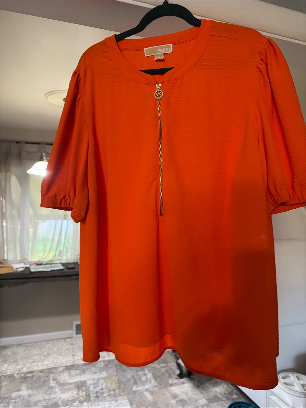 Michael Kors Orange Puff-Sleeve Zip Front Top